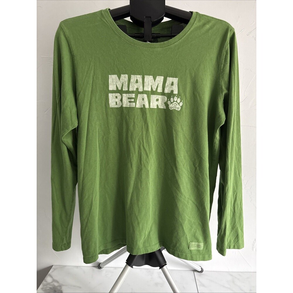 Life Is Good Women's Large Mama Bear Long Sleeve Shirt Green Paw Print Cotton Te